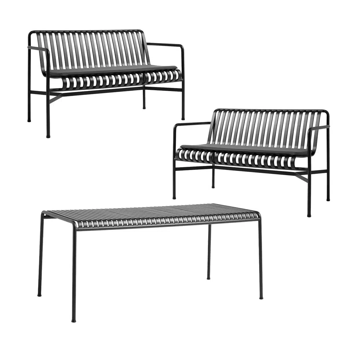 HAY - Palissade Tisch + 2x Dining Bench mit Sitzkissen