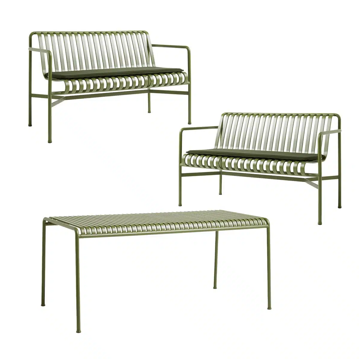 HAY - Palissade Tisch + 2x Dining Bench mit Sitzkissen